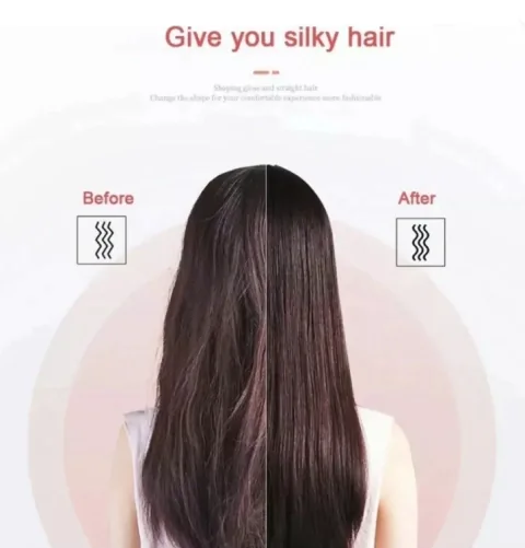 Antes e depois: cabelo com frizz e cabelo liso após usar a escova alisadora